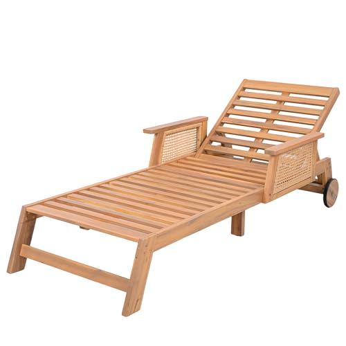 Merax Retro Acacia Wood Outdoor Chaise Lounge with Wheels & 3-Position Adjustable Backrest, Vintage Wicker Design Sun Lounger with Plush Removable Cushion for Patio, Garden & Poolside, Acacia Wood