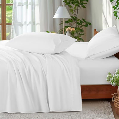 Shilucheng 100% Cotton Sheets Set - 600 Thread Count, Extra Deep Pocket Sheets Fits 18"-24" Thick Mattress, Breathable & Cooling, Luxury Egyptian Cotton Bed Sheets 4 Piece (Queen,White)