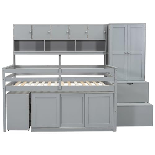 Merax Full Size Wood Loft Bed with Under-Bed Desk and A Big Storage, Storage Staircase,Drawers, Shelves, Integrated Wardrobe,Mobile Workstation,Gray Merax