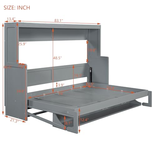Merax Murphy Bed Full Size with Desk, Wood Folding Wall Bedframe with Smooth Hydraulic Lift, for Small Bedroom, Guest Room, Home Office, Grey Merax