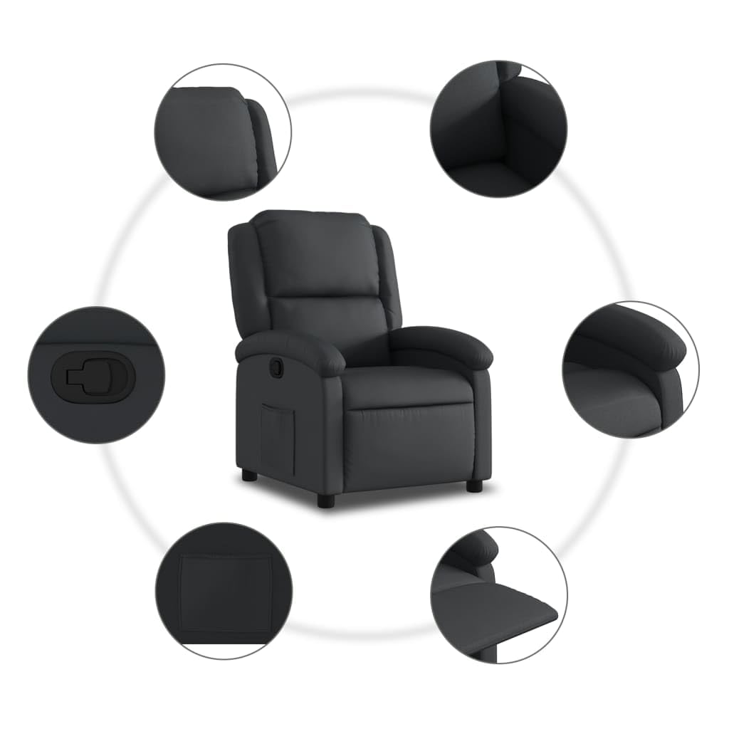 vidaXL Recliner Chair - Black Real Leather, Manual Reclining Function, Comfortable Seating with Solid Wood and Metal Frame, for Office or Living Room vidaXL