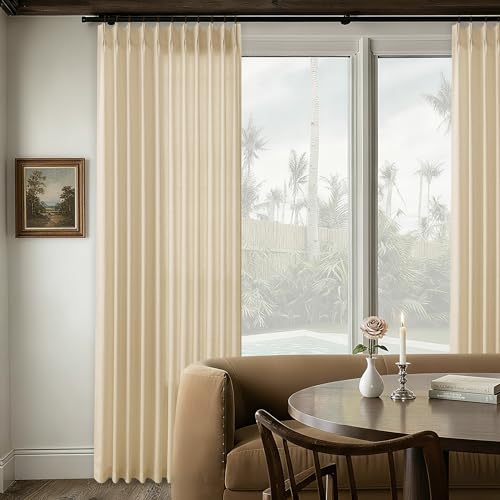 Beige Tan Linen 102 Inch Curtains 72 Inch Wide for Living Room Divider Privacy Pinch Pleated Drapes Hooks Rings Back Tab Farmhouse Light Filtering Extra Wide Sheer Curtains for Patio Balcony 72x102 DUKIYO