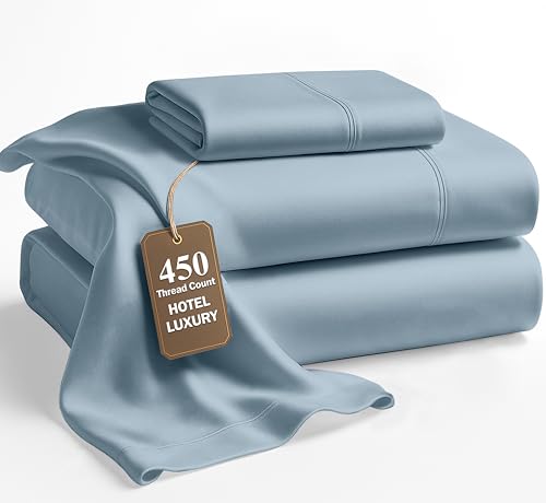 LANE LINEN Twin Bed Sheet Set – 450 Thread Count 100% Long Staple Cotton, Naturally Cooling & Soft, 15” Deep Pocket Fully Elasticized Fitted Sheet, Luxury Hotel Bedding, French Blue LANE LINEN