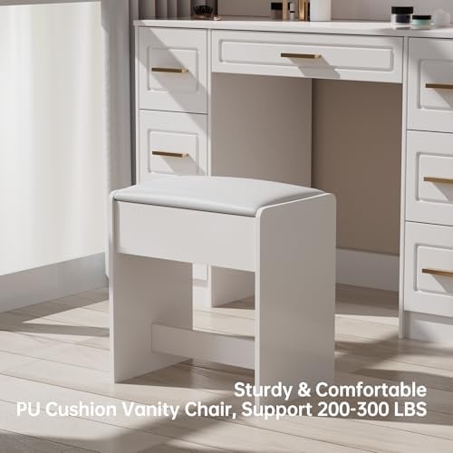 Vanity Desk with Mirror and LED Lights, 43'' W Makeup Vanity Desk with Power Outlet, 3 Color Modes, 7 Drawers Vanity Table with Chair, Dressing Table for Bedroom, Dressing Room Homesflex