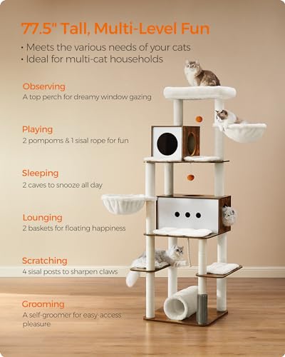 Feandrea Cat Tree, 77.5-Inch Tall Modern Cat Tower, Multi-Level Cat Condo with 2 Caves, 2 Baskets, 4 Scratching Posts, Self-Groomer, Tunnel, Perch, for Indoor Cats, Rustic Brown UPCT193X01 Feandrea