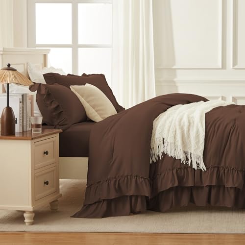 Andency Brown Twin Size Comforter Set, 2 Pieces Lightweight Fluffy Ruffle Bedding Set for Dorm, All Season Soft Farmhouse Shabby Chic Bed Set for Kids, College Dorm (66x90In Comforter)