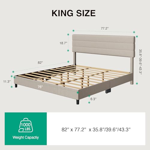 Novilla King Bed Frame and Headboard, King Bed Frame, Linen Upholstered Stripe Bed Frames, No Box Spring Needed, Heavy Duty Feet, Easy Assembly, Beige Novilla