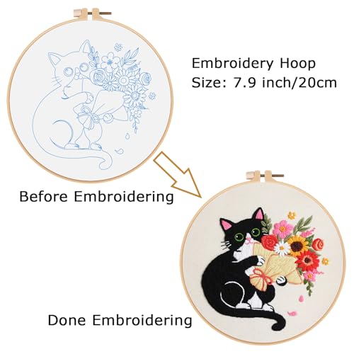 Nuberlic Black Cat Flowers Embroidery Kits for Beginners, DIY Cross Stitch Starter Craft Kits for Adults Including Cloth with Pattern, Hoop, Needles Instruction and Threads
