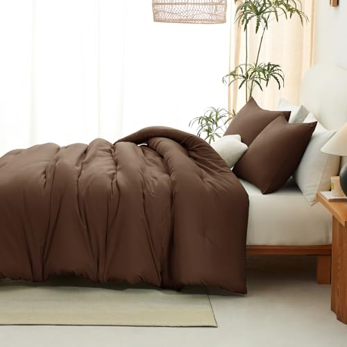 CozyLux Queen Comforter Set Brown, 3 Pieces Solid Breathable Quilted Style Bedding Sets, Luxury Fluffy Soft Bed Set with Down Alternative Comforter for All Season (1 Comforter & 2 Pillowcases) CozyLux
