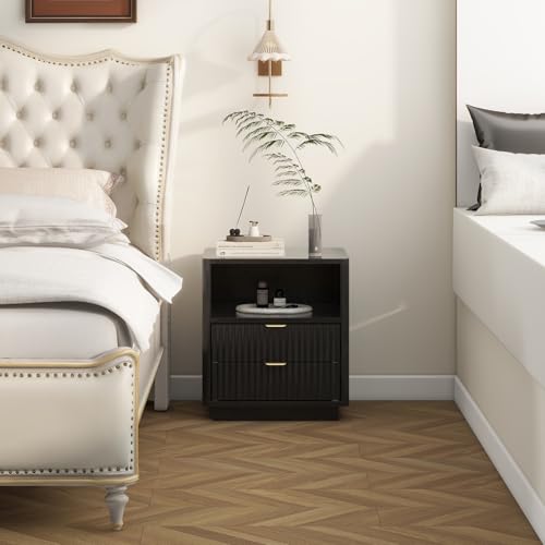 Fluted Nightstands Set of 2, Black Night Stands with 2 Drawers and Open Shelves, Wooden Nightstand Modern Design Night Stand for Bedroom Sofa Office (2, Black) ROCSUMOO