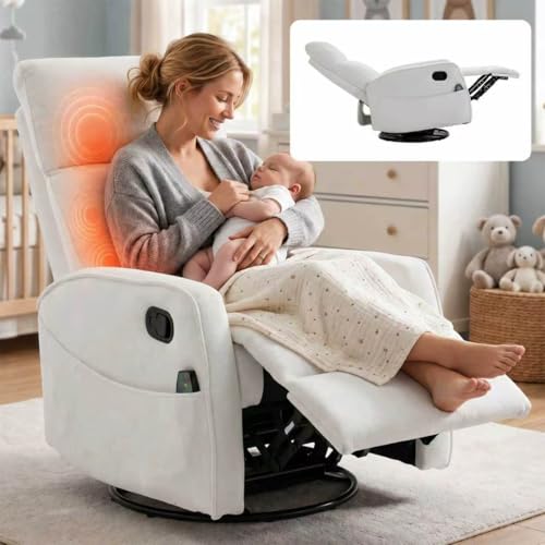 HRVEOCEI Small Recliners for Small Spaces, Manual White Recliner Rocking Chair for Nursery, Velvet Swivel Glider Recliner with Heat and Massage, Side Pockets, Living Room Bedroom (Light White)