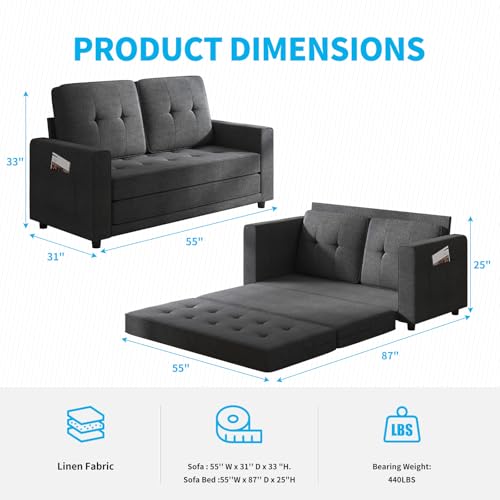 Mjkone Futon Floor Pull Out Sofa Bed, Folding Loveseat Sleeper with Tri-Fold Pullout Beds, 55" Width 2-in-1 Multi-Function Fold Out Gaming Sleeper Sofas Couch for Living Room Home Office, Dark Grey Mjkone