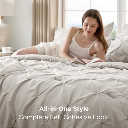 Bedsure Queen Comforter Set Linen - Bed in a Bag Queen Size Bedding 7 Pieces, GentleSoft™ Pintuck Bed Set Gift for Family, Pinch Pleat All Season Comforter with Sheets, Pillowcases & Shams Bedsure