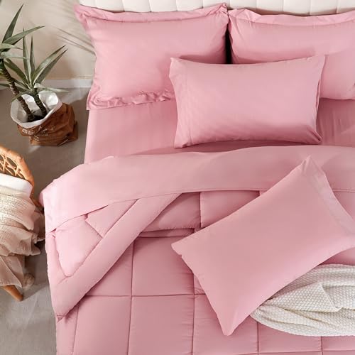 DOWNCOOL Full Size Comforter Sets, 7Pcs Full Size Bedding Sets Pink, All Season Down Alternative Bedding Comforter Sets with Comforter, Flat Sheet, Fitted Sheet, 2 Pillow Shams & 2 Pillowcases DOWNCOOL