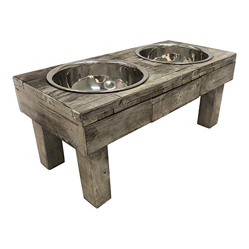 Huntley Equestrian Pet Berjen Table Elevated Double Bowl Pet Feeder, Brown Wash (Large) (02189) Huntley Equestrian