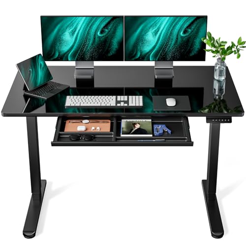 Marsail Glass Electric Standing Desk with Drawer, 48 x 24 Inches Height-Adjustable Desk, One-Piece Tempered Glass Top, Ergonomic Home Office Sit Stand Desk with 4 Preset Heights, Black Marsail