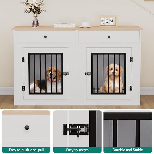 YITAHOME 60" Wooden Dog Crate Furniture with Removable Divider & Storage Drawers, Double Door Kennel with Locks for Medium and Large Dogs, Multi-Functional Dog Crate End Table for Indoor use, White YITAHOME