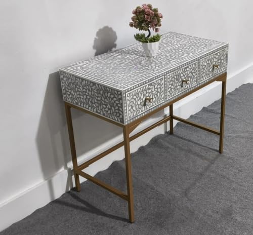 Bone Inlay Console Table with Gold Base, Gray and White Floral Pattern, 3 Drawers, Handcrafted Traditional Design Generic