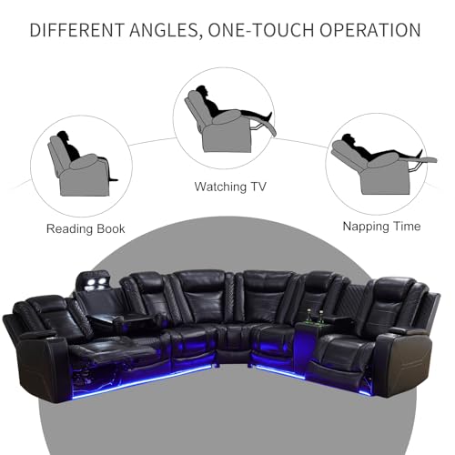 Daydo Sempli Power Reclining Sectional Sofa for Living Room,Modern L-Shaped Black Air Leather Sectional Couch Set,Recliner Sofa Set,with LED Lights,Cup Holder,Storage,Charging Ports,Home Theater Seat
