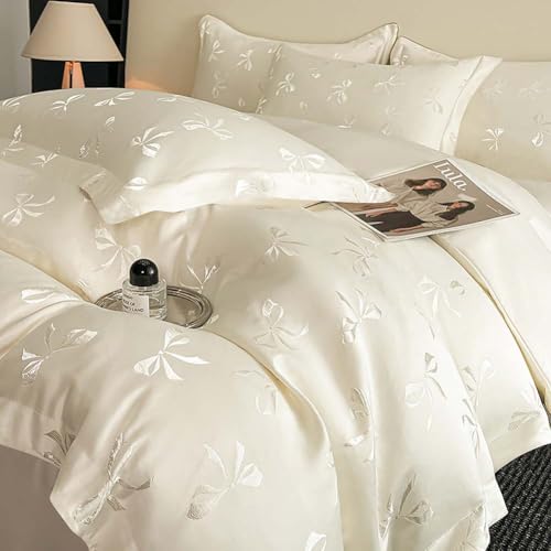 Nayoroom Bow Duvet Cover Queen Size Cooling Duvet Cover for Hot Sleepers 3 Pieces Elegant Cream White Satin Jacquard Breathable Bedding Set with Zipper Closure, Girls Dorm Bedding Nayoroom