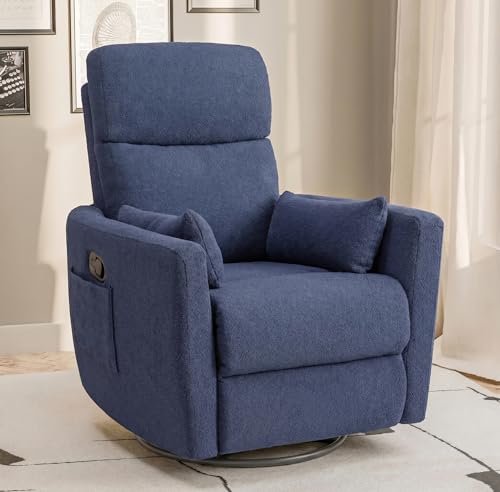 Flamaker Swivel Recliner Chair, Massage Nursery Rocking Chair with 2 Pillows, Comfy Single Sofa Glider Rocking Chair with Side Pockets for Living Room (Fabric, Blue)