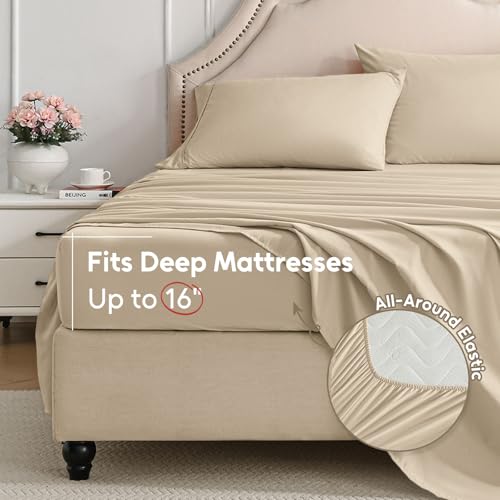Swiftify Twin Sheets Set, 3 Pieces Hotel Luxury Soft Microfiber Bed Sheets Set, Up to 16" Deep Pockets, Oeko-Tex Sheets with Elastic, Breathable, Wrinkle Free (Beige, Twin) Swiftify