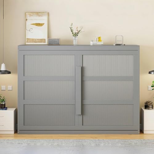 Virubi Queen Horizontal Fluted Murphy Bed with LED Lights,Wood Folding Hideaway Murphy Chest Bed for Adult Guest Room Living Room Bedroom (Grey) Virubi