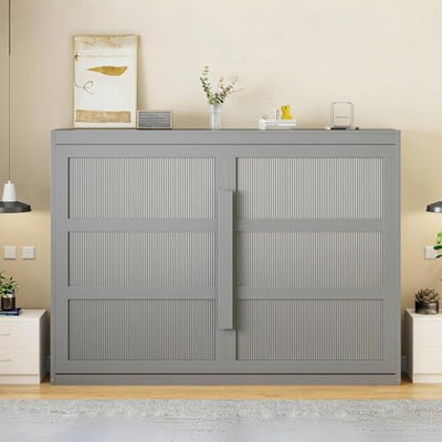 Virubi Queen Horizontal Fluted Murphy Bed with LED Lights,Wood Folding Hideaway Murphy Chest Bed for Adult Guest Room Living Room Bedroom (Grey)