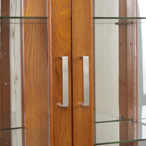 70" Lighted Curio Cabinet with Tempered Glass Doors - Oak Wooden Curio Cabinet for Collectibles, China & Antiques, Adjustable Glass Shelves, Lockable, Mirror Back E26 Bulb Not Included Anveffeg