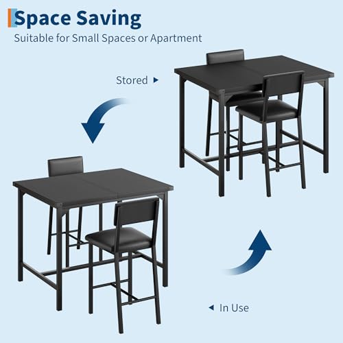 GAOMON Dining Table Set for 2 w/Backrest, Counter Height Table with 2 Upholstered Bar Stools, 3-Piece Kitchen Table Set with Footrest & Corner Protector, for Dining Room, Kitchen, Retro Black GAOMON