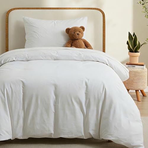 LOVQUE 100% Washed Cotton Duvet Cover Twin Size, Linen-Like Textured White Fade-Resistant Natural Bedding Set (No Comforter), 68x90 Inches LOVQUE
