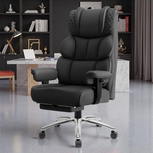 BestGlory Office Desk Chair, Big and Tall Leather Gaming Chair with Footrest, Wide Ergonomic Comfy Executive High-Back Reclining Computer Chairs, Swivel Rolling Wheels and Padded Lumbar Support, Black BestGlory
