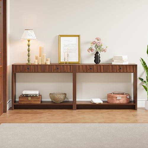 RUSTYER Console Table with Drawers, Narrow Mid-Century Fluted Entryway Table Sofa Table with Storage Shelf, Wood Entry Table Accent Behind Couch Table for Entrance, Hallway, Living Room (Walnut) RUSTYER