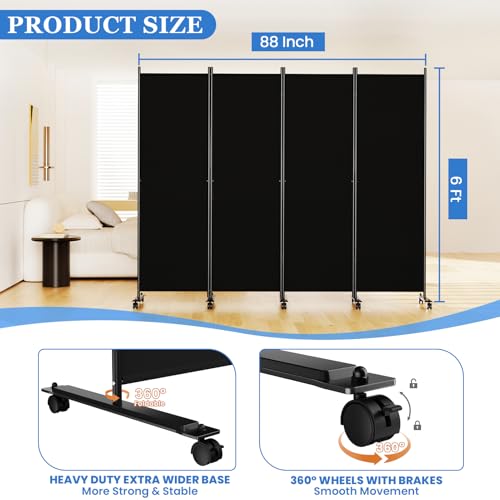 SUNALLY Room Divider 6FT Folding Privacy Screens with Lockable Wheels, 4 Panel Room Partition for Room Separator, 88" W Freestanding Portable Fabric Wall Dividers for Home Dorm Studio Office, Black SUNALLY