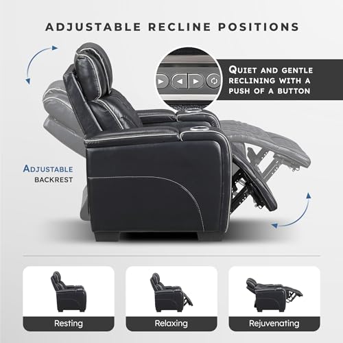 Lexicon Power Double Reclining Sofa, Center Drop-Down Table with Heat/Massage/Headrest/Storage Arms/Cup Holders/LED Lights/Wireless Charging, Top Grain Leather Match Wall Hugger Recliner Sofa, Black