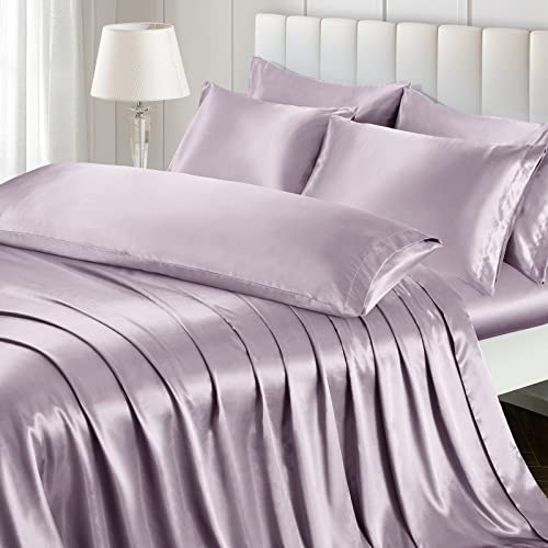 Ersmak 4 Pieces Satin Sheets Set Twin Size, Luxury Silky Lavender Satin Bed Sheets Set with 1 Deep Pocket Fitted Sheet, 1 Soft Flat Sheet, 1 Queen Pillowcases and 1 Body Pillowcase Ersmak