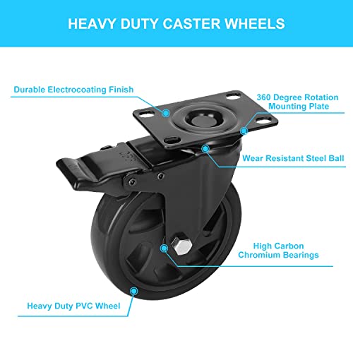PRITEK 5 inch Caster Wheels Bearing 1800lbs 4 Pack Heavy Duty Rubber Plate Casters All with Safety Brake No Noise Lockable Swivel Casters (Include PRITEK