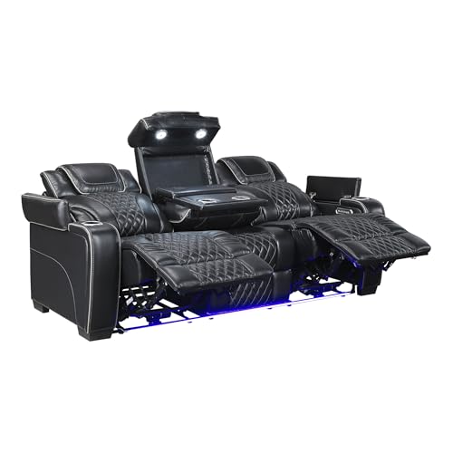 Lexicon Power Double Reclining Sofa, Center Drop-Down Table with Heat/Massage/Headrest/Storage Arms/Cup Holders/LED Lights/Wireless Charging, Top Grain Leather Match Wall Hugger Recliner Sofa, Black