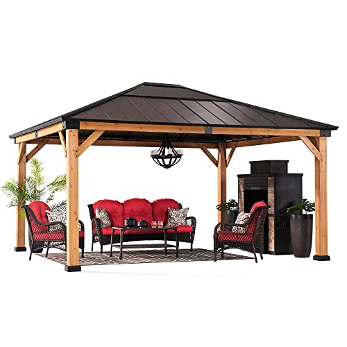 Sunjoy Hardtop Gazebo 13 x 15 ft. Upgrade Cedar Framed Wood Gazebo with Brown Steel and Polycarbonate Hip Roof Hardtop for Garden, Backyard Shade, Brown Roof + Natural Wood Frame Sunjoy