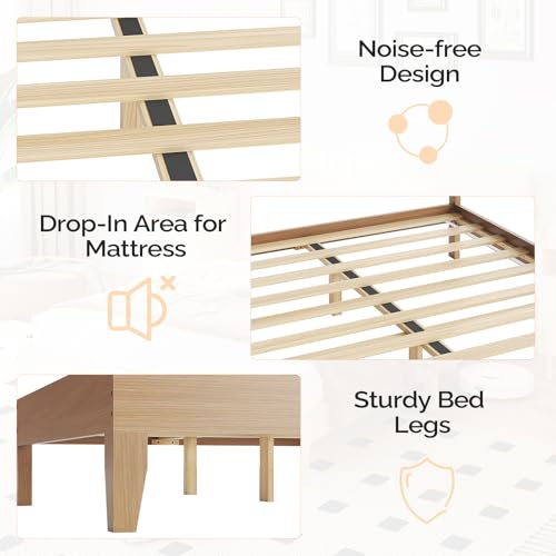 VINGLI Fluted King Bed Frame with headboard and Storage Bench, Boho Wooden Single Platform Panel Bed with Wingback Headboard and 4 Drawers,Mid-Century Modern Sleign Bed,Oak VINGLI