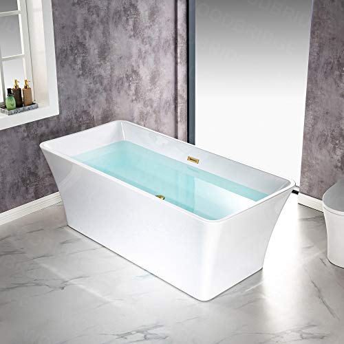 WOODBRIDGE 67" Acrylic Freestanding Bathtub Contemporary Soaking White Tub with Brushed Gold Overflow and Drain,BTS1609 -BG-Drain &O WOODBRIDGE