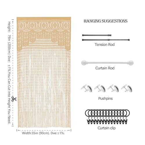 YaoYue Macrame Lace Door String Curtain for Doorways,Room Divider Doorway Hippie Window Panel Room Divider Wall Closet Curtains for Bedroom Closet Door Drapes (35×79in/90×200cm,Champagne) YaoYue