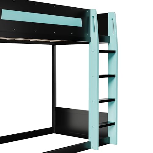 Brabrety Wooden Gaming Bunk Bed with Desk,Two Storage Shelves,USB and LED Light,for Kids Teens Bedroom Use (Black+Blue-D, Twin Over Twin) Brabrety