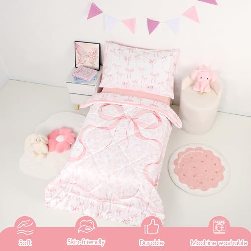 DAYEEBALL 4 Piece Toddler Bedding Set, Ultra Soft and Breathable Toddler Comforter Sets for GirlsIncludes Quilted Comforter, Fitted Sheet, Flat Sheet and Pillowcase, Pink Bow DAYEEBALL