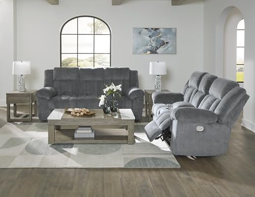 Signature Design by Ashley Tip-Off Modern Wall Hugger Power Reclining Loveseat with Adjustable Headrest, USB Ports, Storage and Cup Holders, Gray Signature Design by Ashley