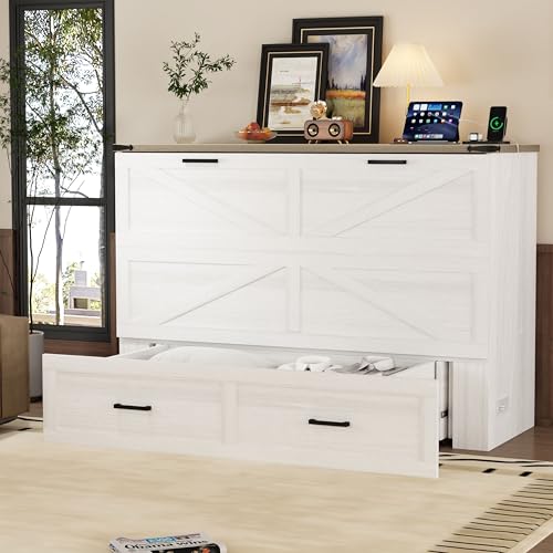 Harper & Bright Designs Queen Size Murphy Cabinet Bed with Charging Station & Storage Drawer, Farmhouse Style Wall Bed Folds into Cabinet, White