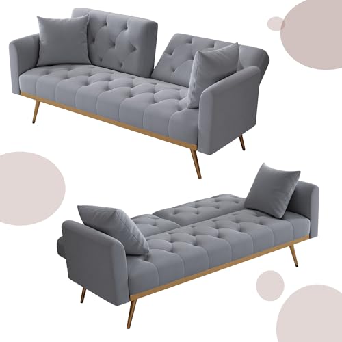 Modern Velvet 2 in 1 Futon Sofa Bed,Convertible Folding Sleeper Bed Couches with 2 Pillows,73" Tufted Recliner Love Seat with Golden Chrome Legs for Living Room Apartment Office (Grey-New) Anwick