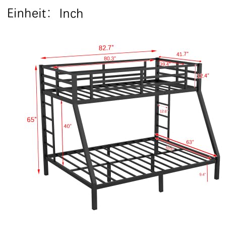Bellemave Twin XL Over Queen Metal Bunk Bed with 2 Side Ladder, Guardrail and Metal Slats, Heavy Duty Metal Bunk Bed Frame for Kids, Teens and Adults, Twin XL-Over-Queen Bellemave