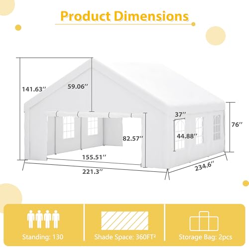 KEIKI 20x20ft Party Tent Heavy Duty, Outdoor Canopy Tent Carport Wedding Event Shelter BBQ Wedding Tents for Parties with Storage Bags & Removable Sidewall for Parties Carport Camping Garden Patio KEIKI