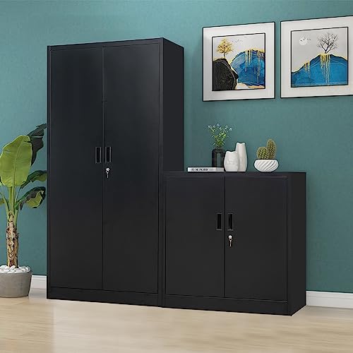 YEEZER Metal Storage Cabinet 71” with 2 Doors and 4 Adjustable Shelves, Garage Steel Locking Cabinet, Tall Cabinets Lockable File Cabinet for Home, Office, Garage, Gym, School. (Black) YEEZER